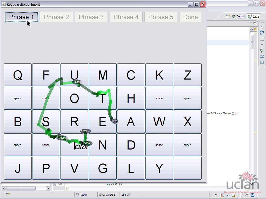 Here is an example using the virtual Keyboard. It takes me 1500ms to go from the E to the I and click on it